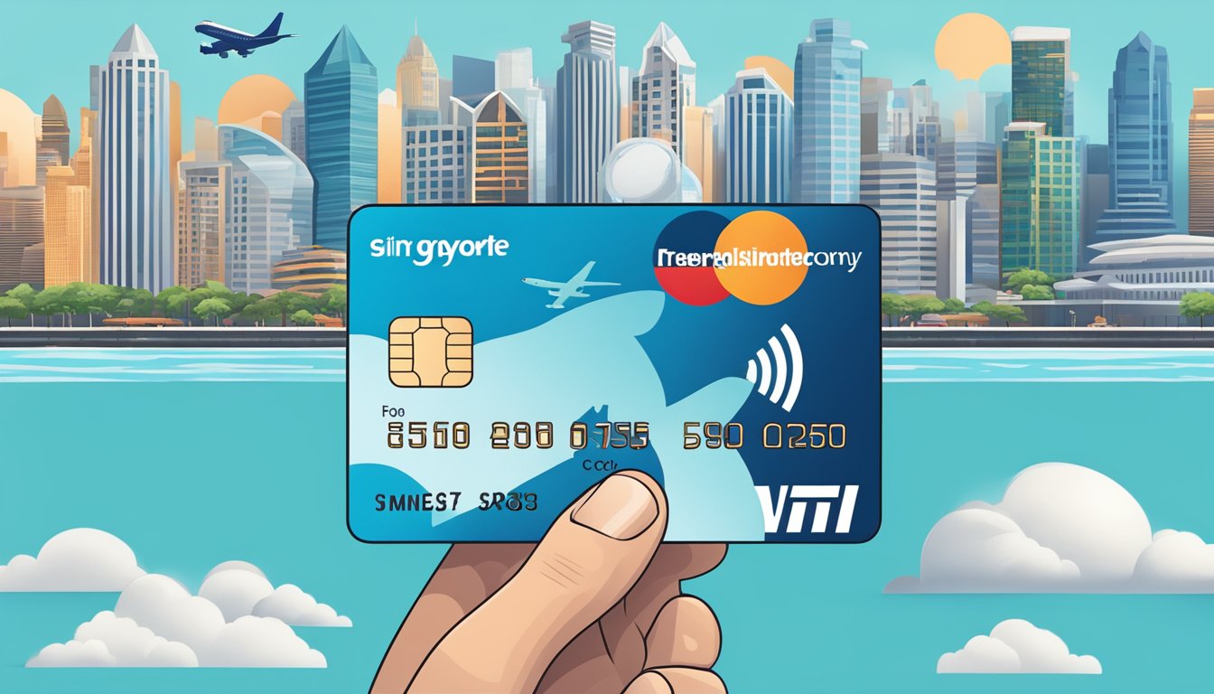A hand holding a Citi credit card with a plane flying above Singapore skyline, surrounded by miles and travel icons