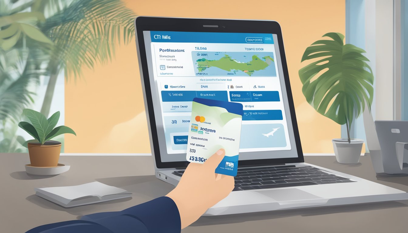 A hand holding a Citi Miles card, with a computer screen showing flight options to Singapore. Terms and policies displayed in the background