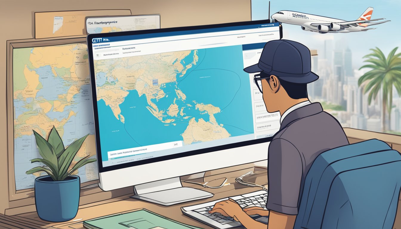 A traveler browsing the Citi Miles redemption page on a computer, with a map of Singapore and a plane ticket in the background