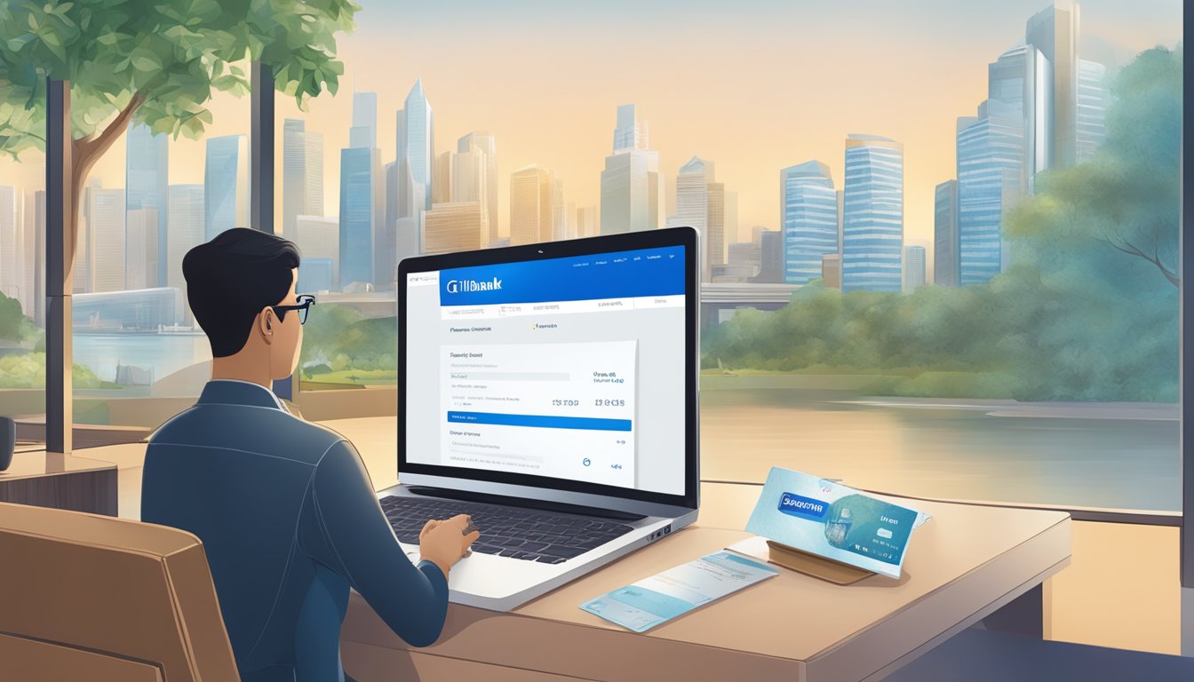 A person logging into Citibank online, clicking on the "Rewards" tab, and selecting "Redeem Cash Back" option with a Singaporean landmark in the background