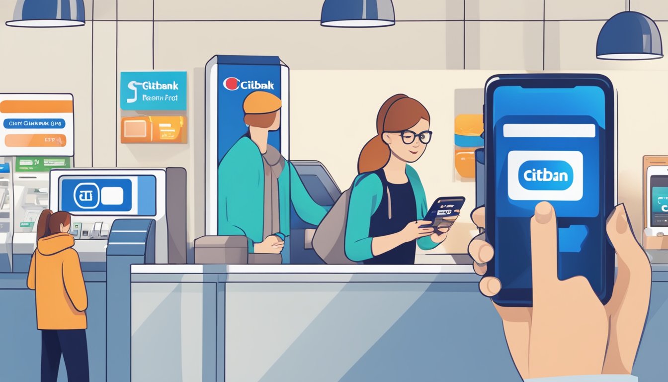 A person swiping a Citibank card at a checkout counter, with a cash back symbol displayed, and a smartphone showing the Citibank app open to the rewards redemption page