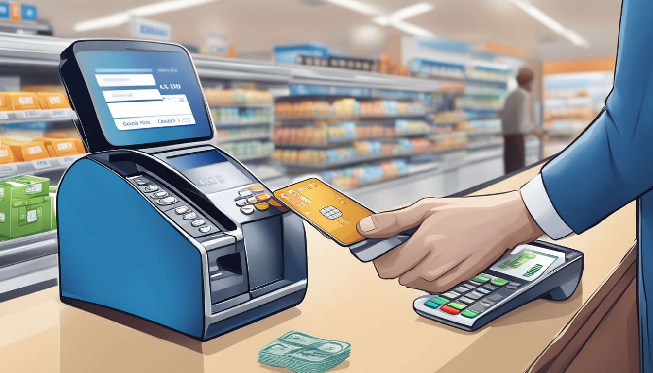 A person swiping a Citibank credit card at a store checkout, with a cash back redemption option displayed on the payment terminal