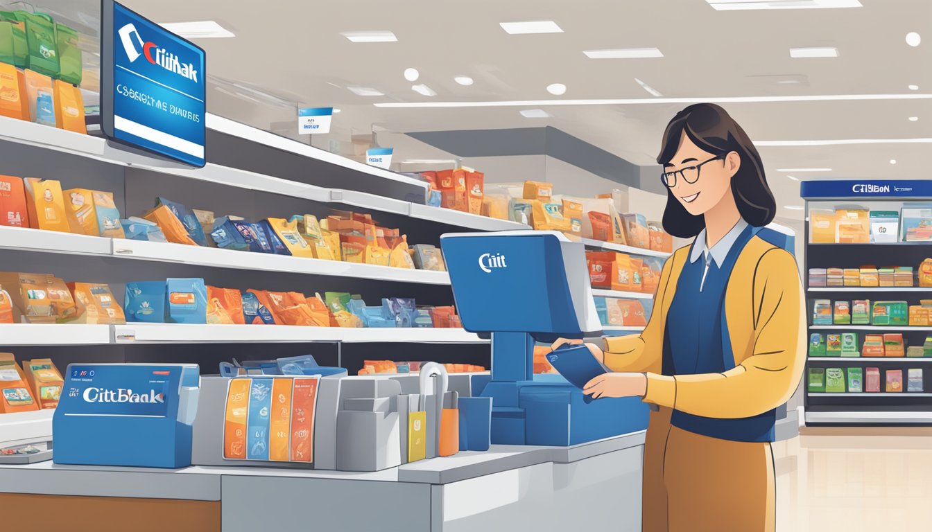 A person swiping a Citibank card at a Singaporean store, with a cashback symbol and various rewards displayed nearby