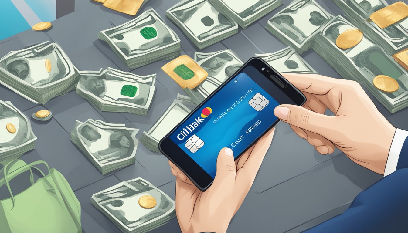 A customer holding a Citibank credit card while using a smartphone to redeem cash back rewards in Singapore