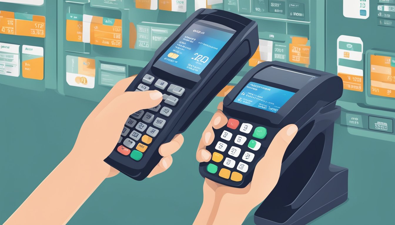 A hand holding a credit card while swiping it at a payment terminal, with a digital display showing the accumulation of DBS points