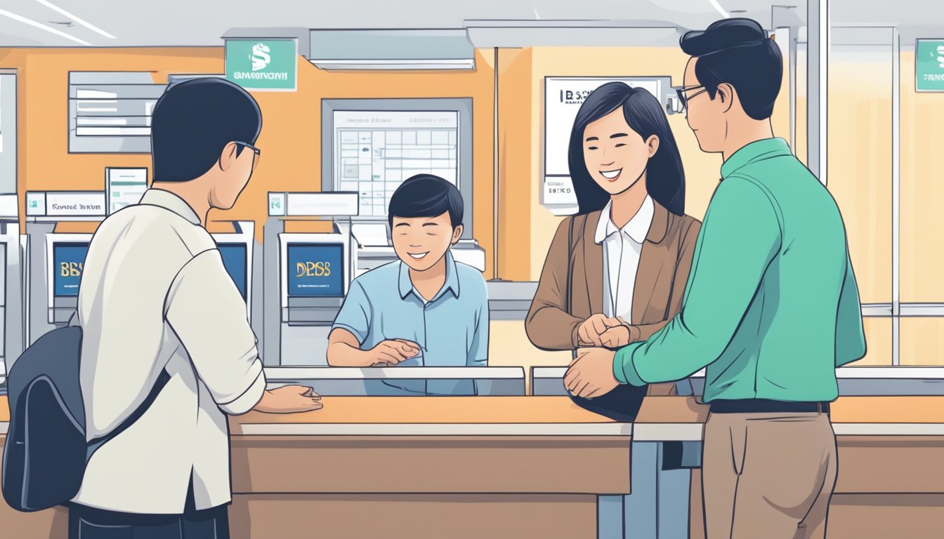 A person receiving help on redeeming DBS points at a Singaporean bank counter