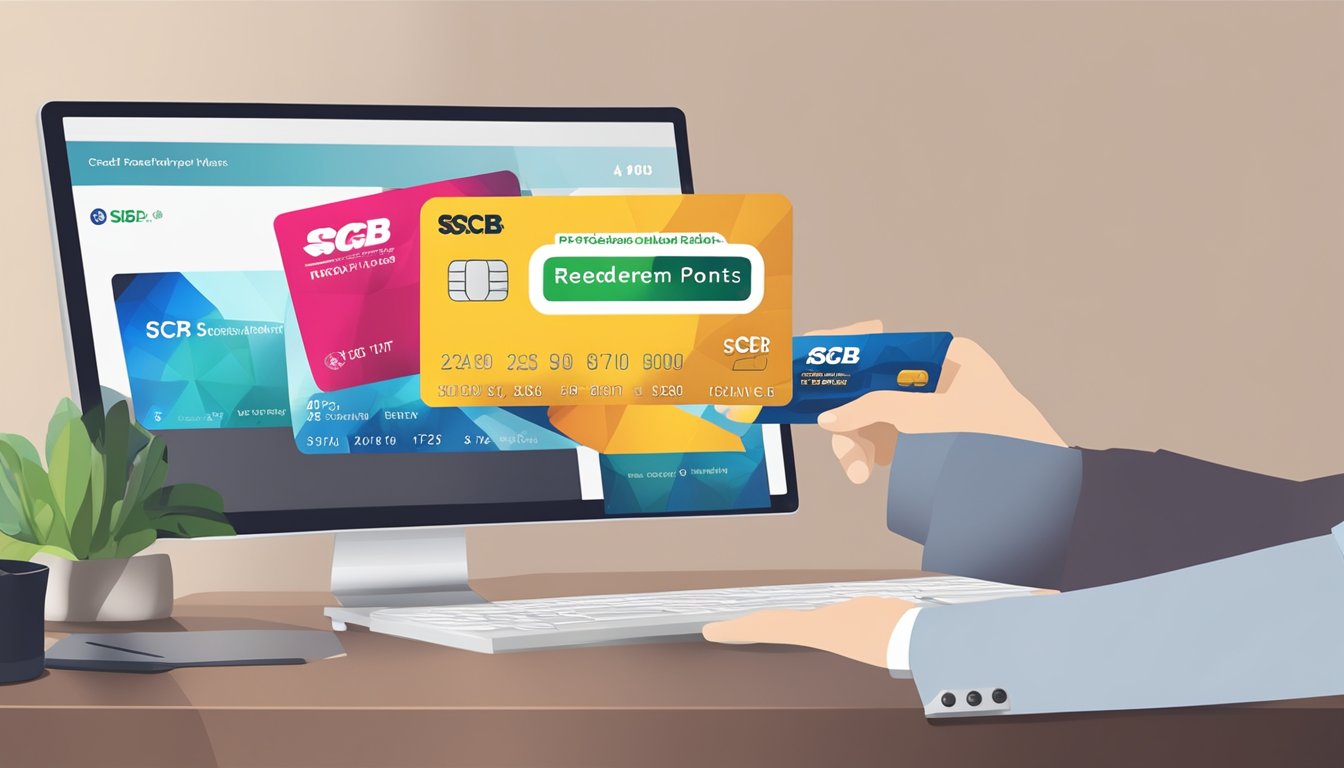 A hand holding a SCB credit card with a stack of rewards points. A computer screen shows the SCB website with a "redeem points" button highlighted