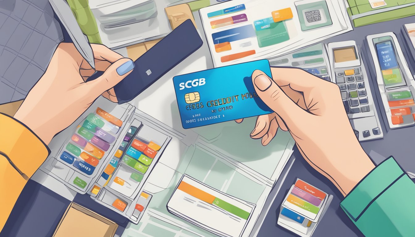 A hand holding a SCB credit card, pointing to a rewards catalogue with various redemption options, including travel, shopping, and dining