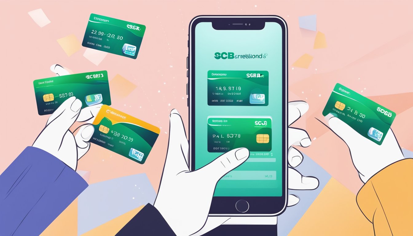 A hand holding a SCB credit card with points being redeemed on a mobile app or website, with a clear display of the redemption process and the rewards available
