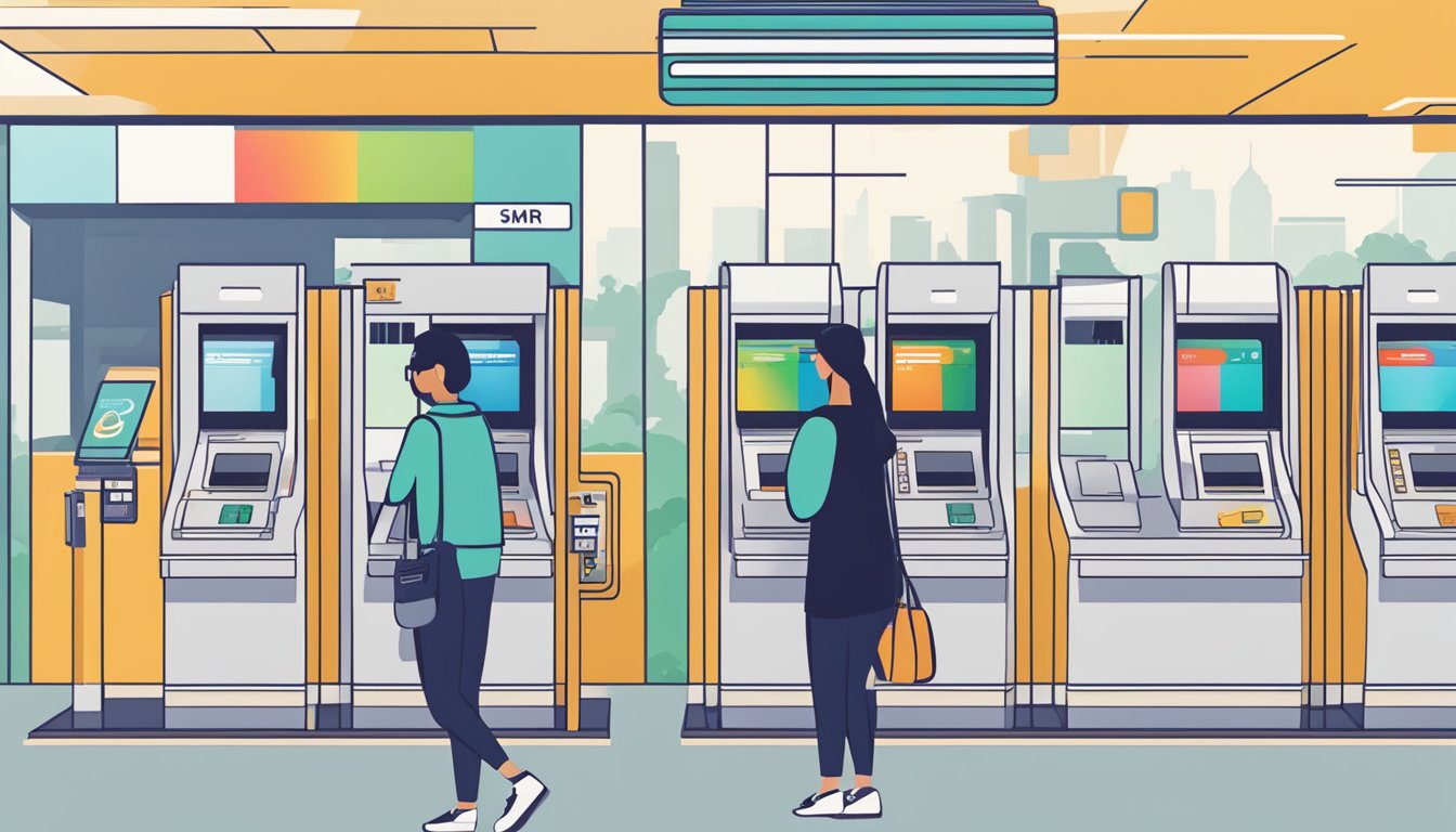 A person swiping their SMRT card at a ticketing machine, with a display showing the option to redeem SMRT$ for rewards