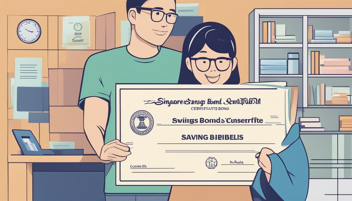 A person holding a Singapore Savings Bonds (SSB) certificate and presenting it to a DBS bank teller for redemption