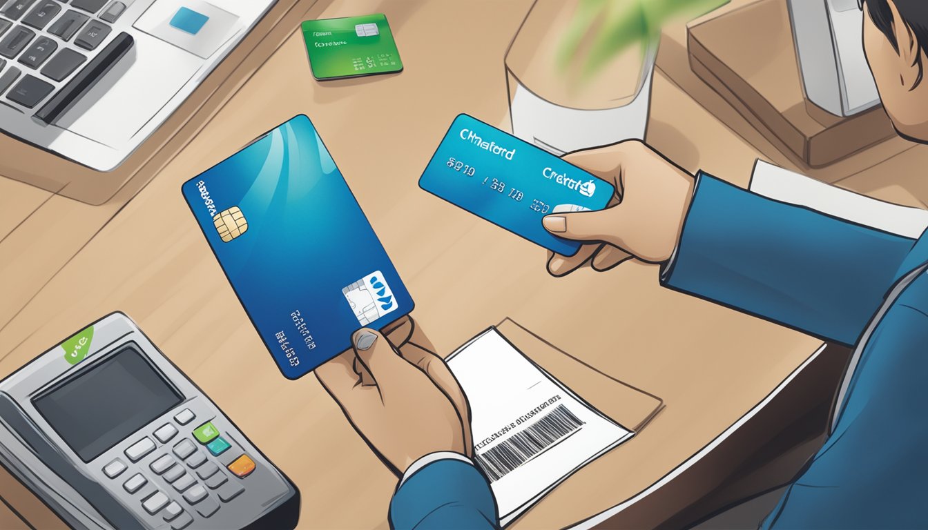 A person swiping a Standard Chartered credit card at a participating merchant in Singapore, with a rewards catalogue displayed nearby