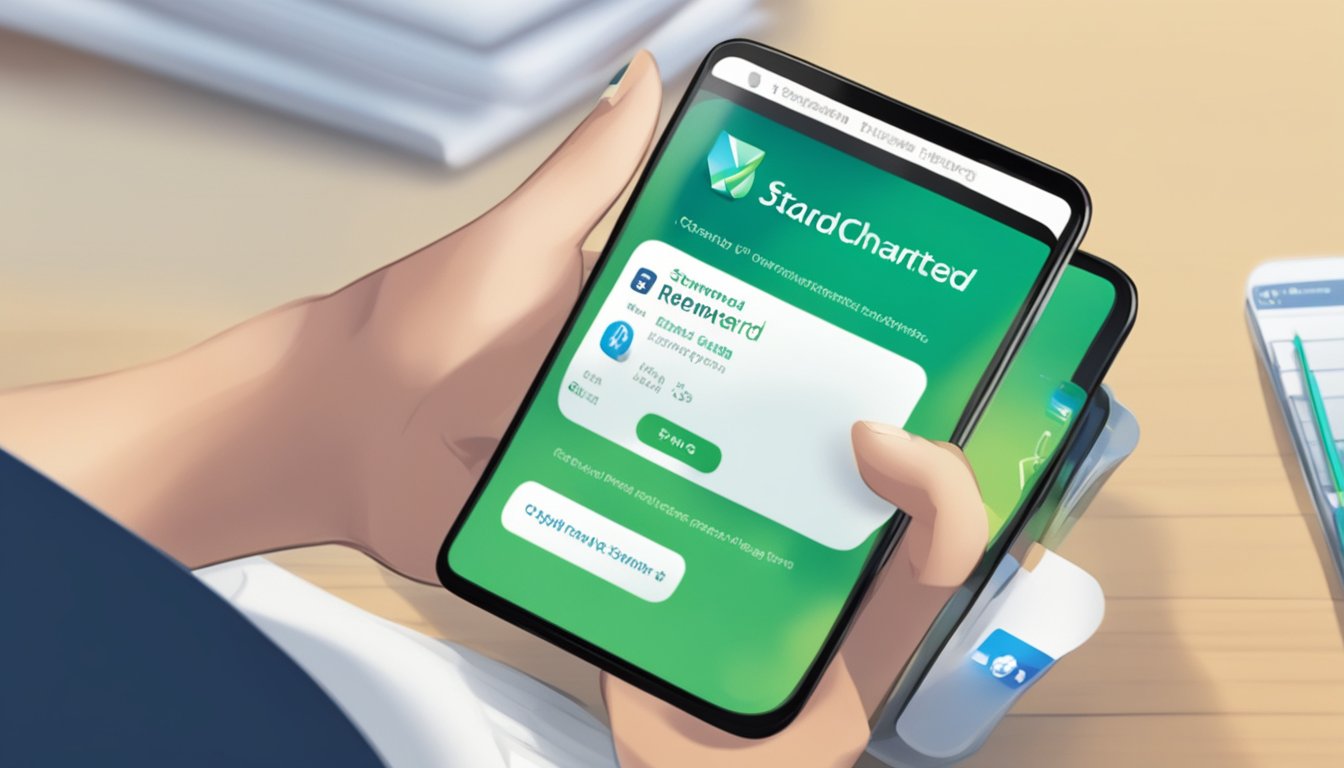 A hand holding a smartphone, browsing the Standard Chartered website. On the screen, the user is navigating to redeem reward points in Singapore