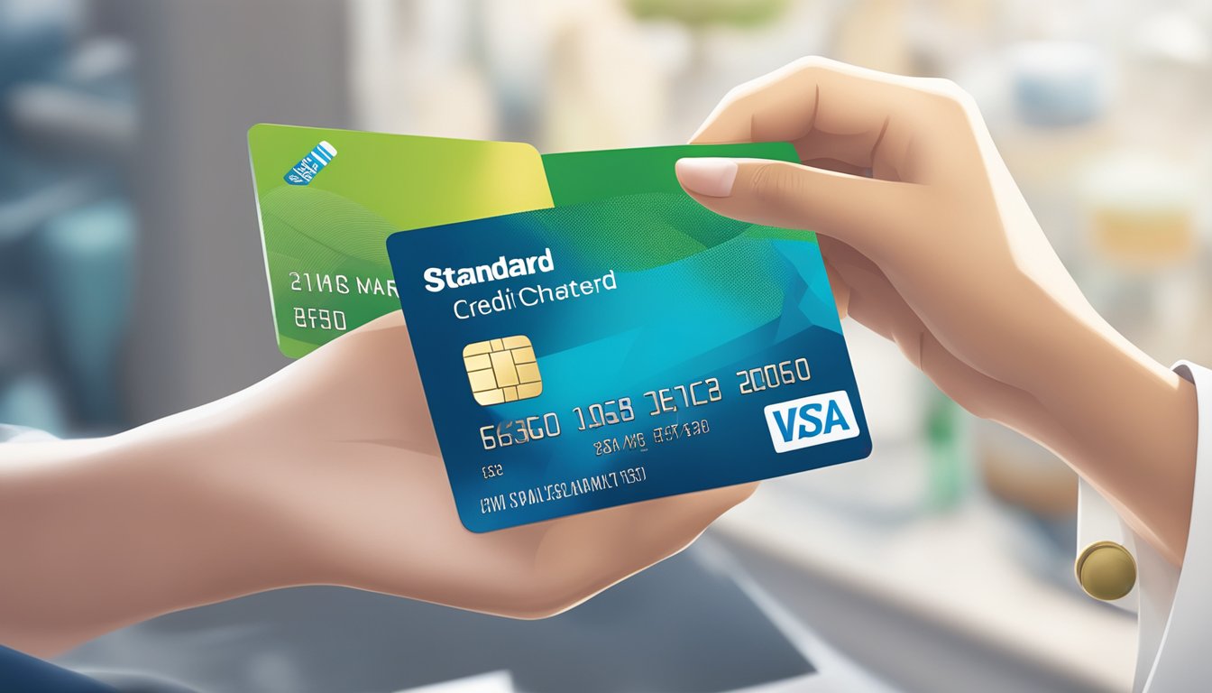 A hand holding a Standard Chartered credit card, with a rewards catalogue open and points being redeemed for various items in Singapore