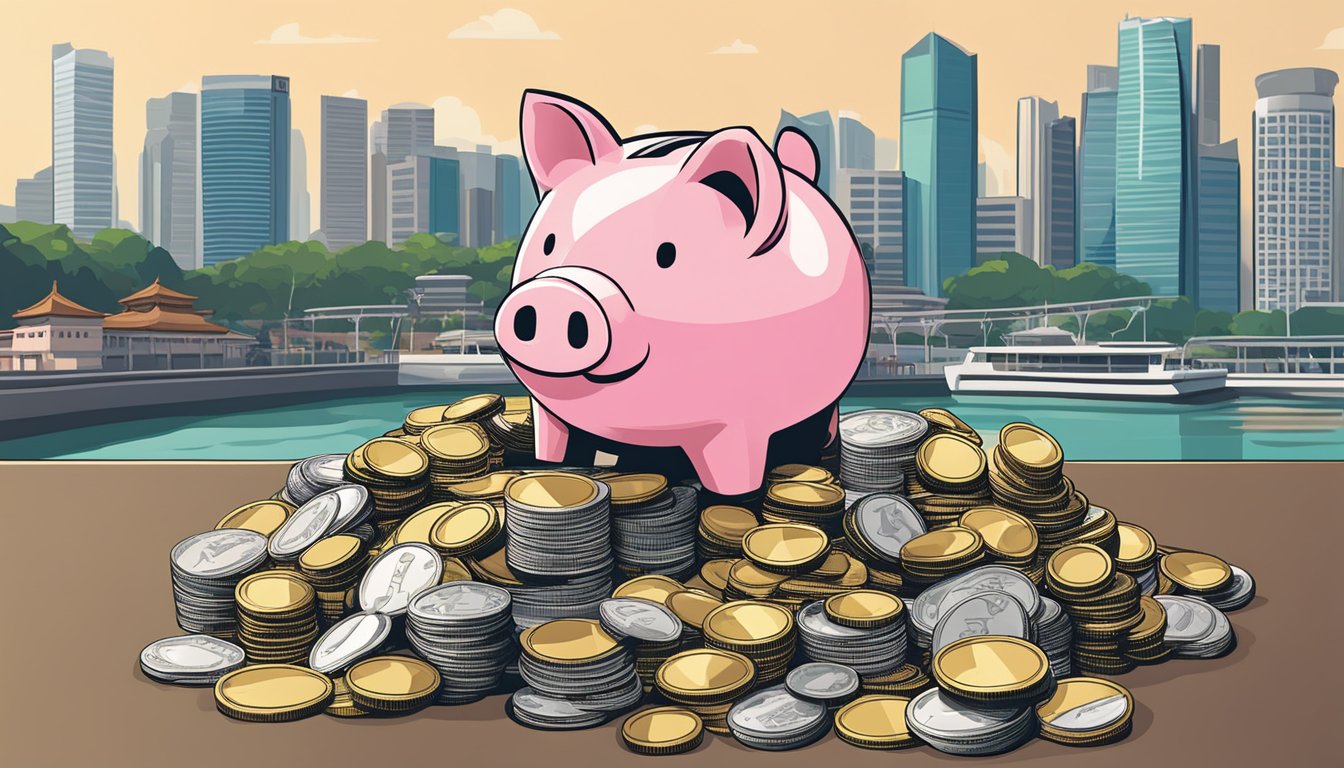 A piggy bank sits on a desk with a cityscape of Singapore in the background. A pile of coins and dollar bills is stacked neatly next to it, symbolizing the act of saving money in Singapore