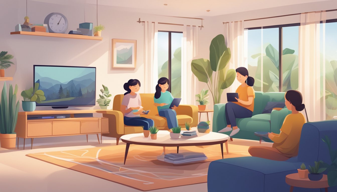 A cozy living room with energy-efficient appliances, LED lighting, and smart thermostats. A family happily reviews their reduced household bills in Singapore