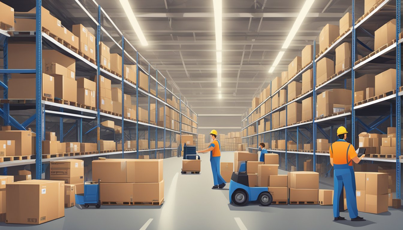 A bustling warehouse with shelves stocked high, workers packing and labeling parcels, and delivery trucks lined up outside