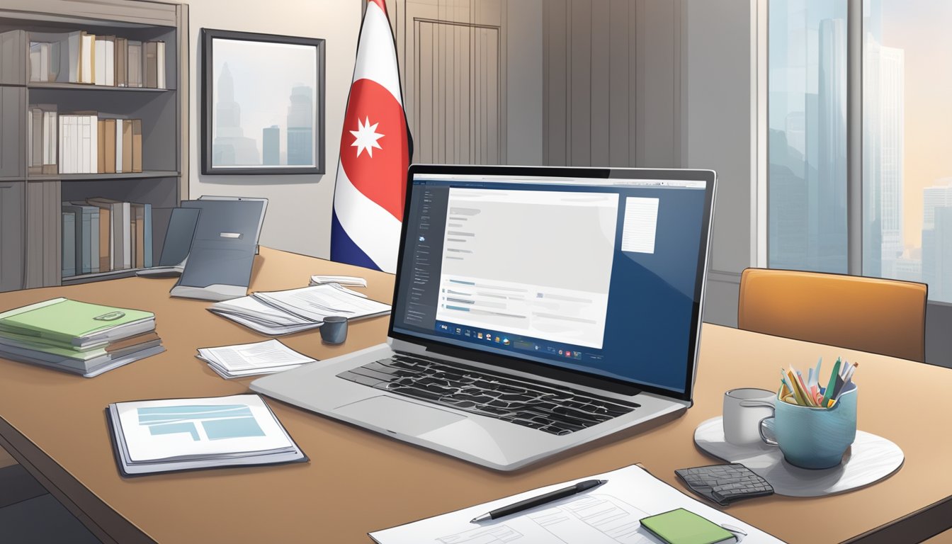 A desk with a laptop, legal documents, and a Singapore flag. A sign with "Business Registration Office" above the door