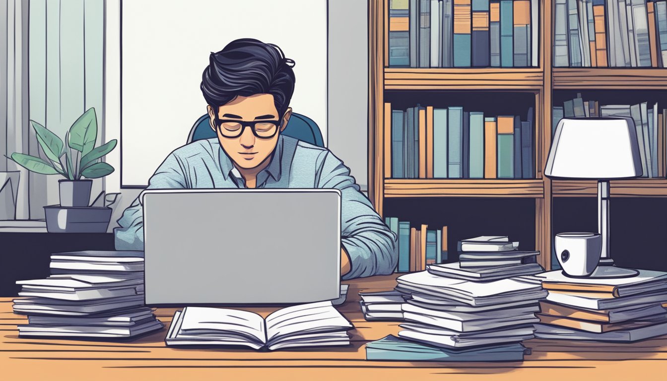 A person sitting at a desk, surrounded by books and a laptop, with a determined expression while brainstorming financing strategies for a zero capital startup in Singapore