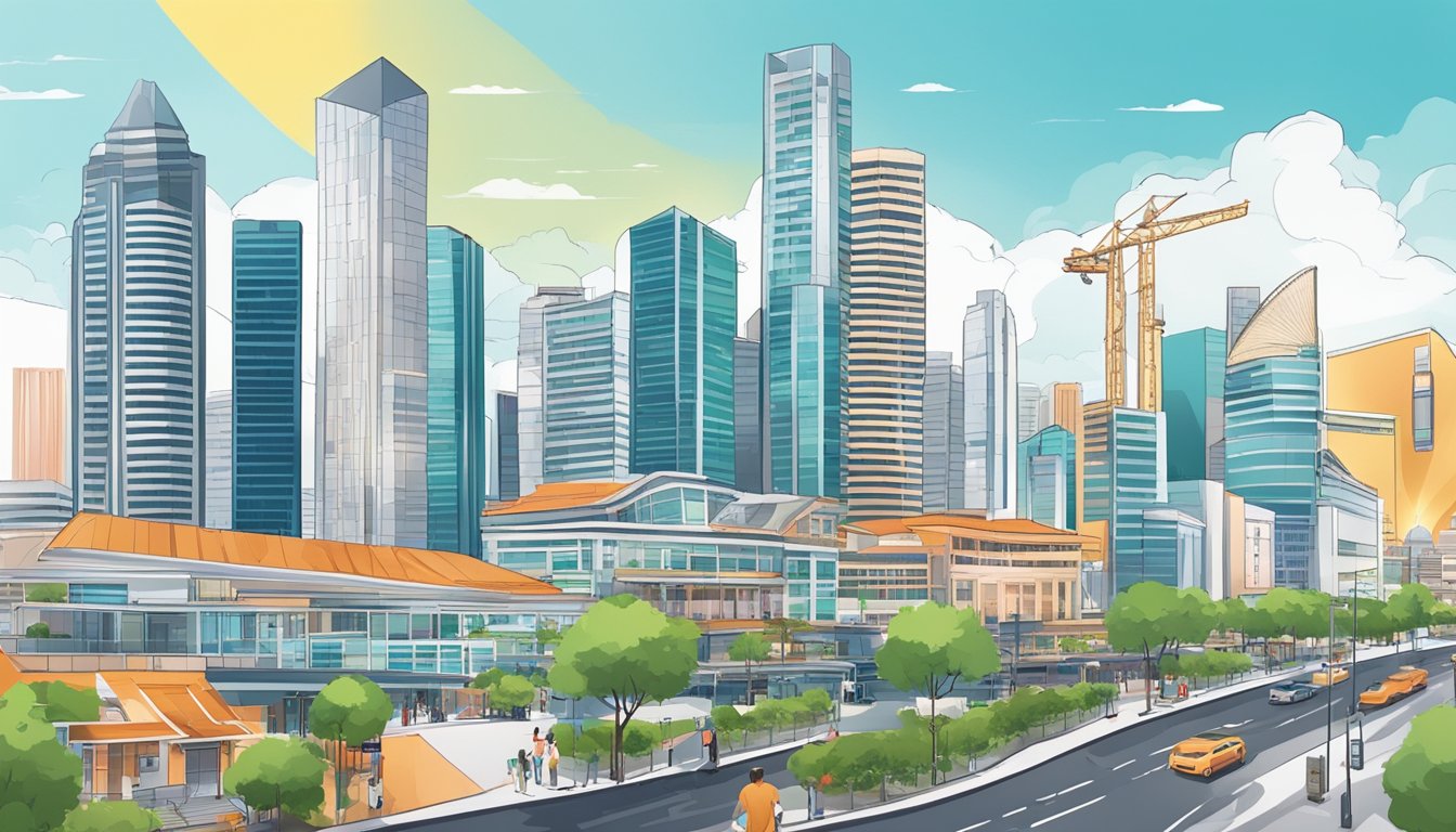 A bustling cityscape of Singapore with iconic landmarks, modern office buildings, and vibrant street scenes, showcasing the entrepreneurial spirit and potential for startups with no capital