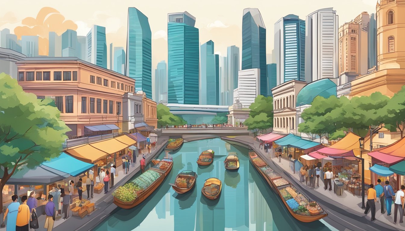 A bustling Singapore cityscape with iconic landmarks, vibrant street markets, and diverse cultural influences. A small business owner networking and engaging with potential clients in a dynamic urban setting
