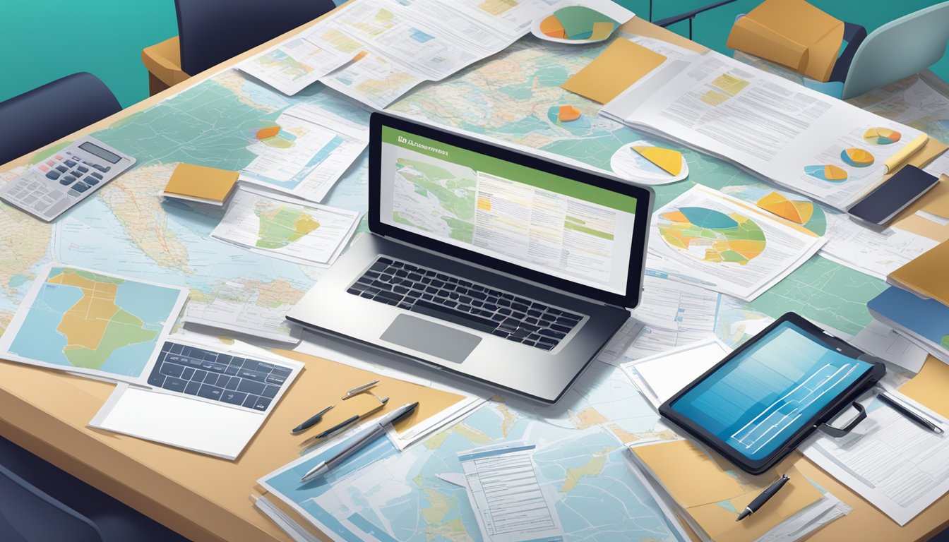 A table with a laptop, legal documents, and a calculator. A Singapore map and franchise brochures are spread out. The scene is organized and focused on financial planning