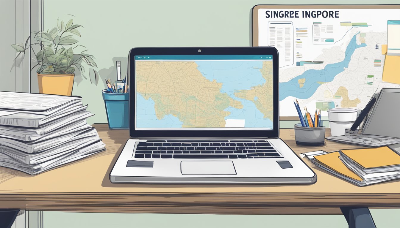 A table with a map of Singapore, a laptop, and a stack of documents. A whiteboard with a business plan and a list of potential locations