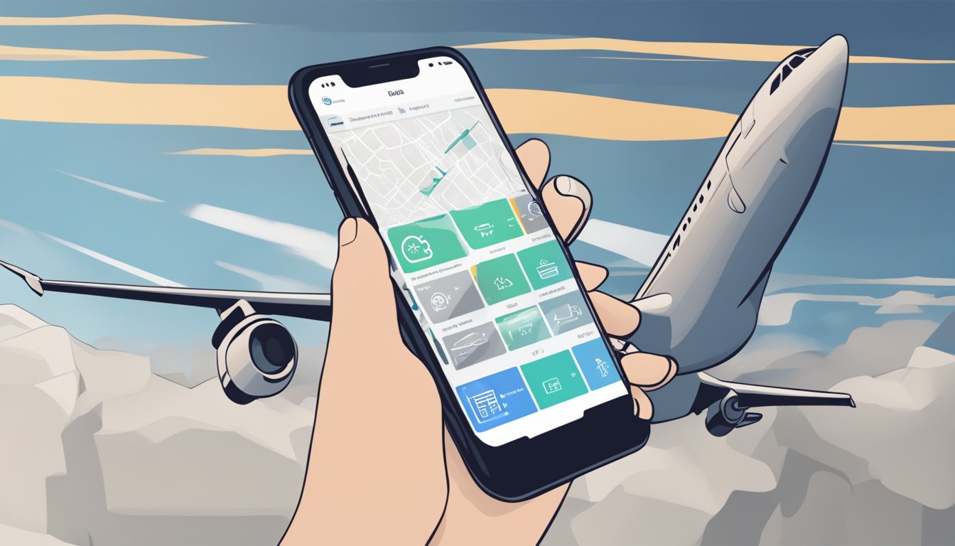 A hand holding a smartphone with the DBS app open, showing the option to transfer points to KrisFlyer. The background could include an airplane or travel-related imagery