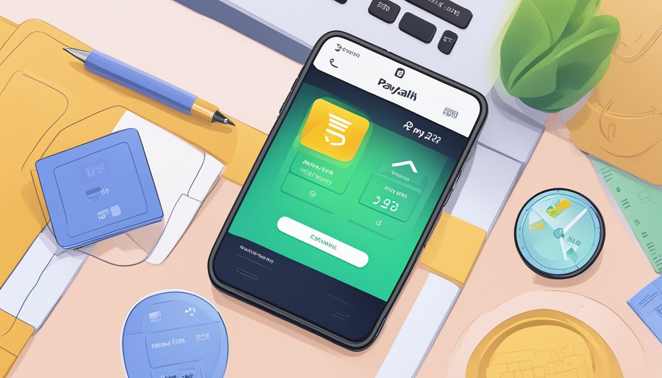 A smartphone screen shows a transfer from PayLah to a bank account. The app interface displays the amount, recipient, and confirmation message