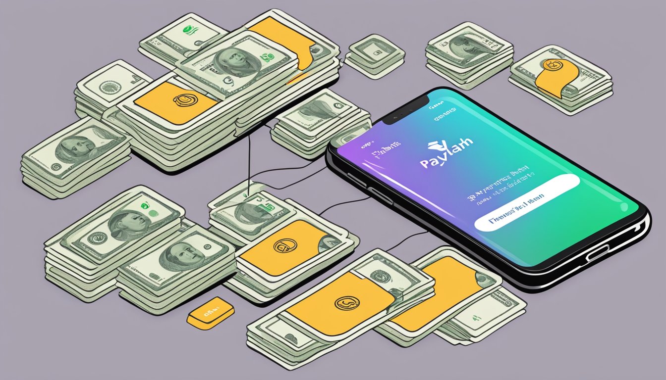 A smartphone displaying the PayLah! app with a bank account linked, and a transfer button highlighted, with a seamless flow of money transferring to the linked bank account