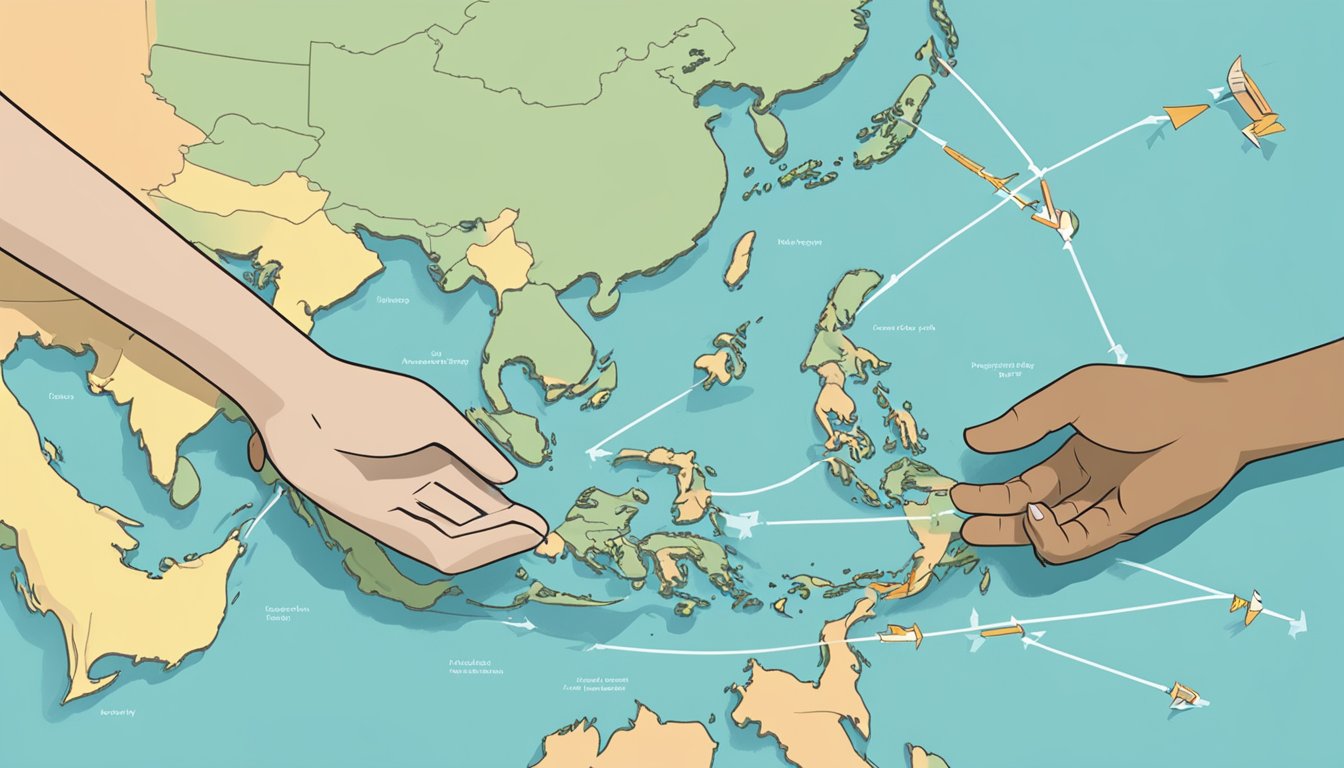 A hand reaches across a map, connecting Singapore and Malaysia. Arrows show money flowing between the two countries