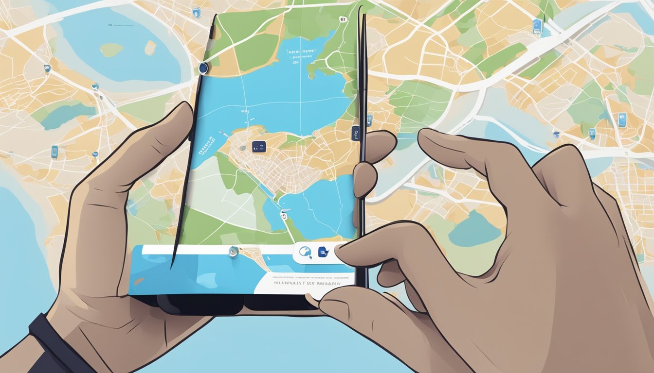 A hand holding a smartphone with a money transfer app open, with a map of Singapore and Malaysia in the background