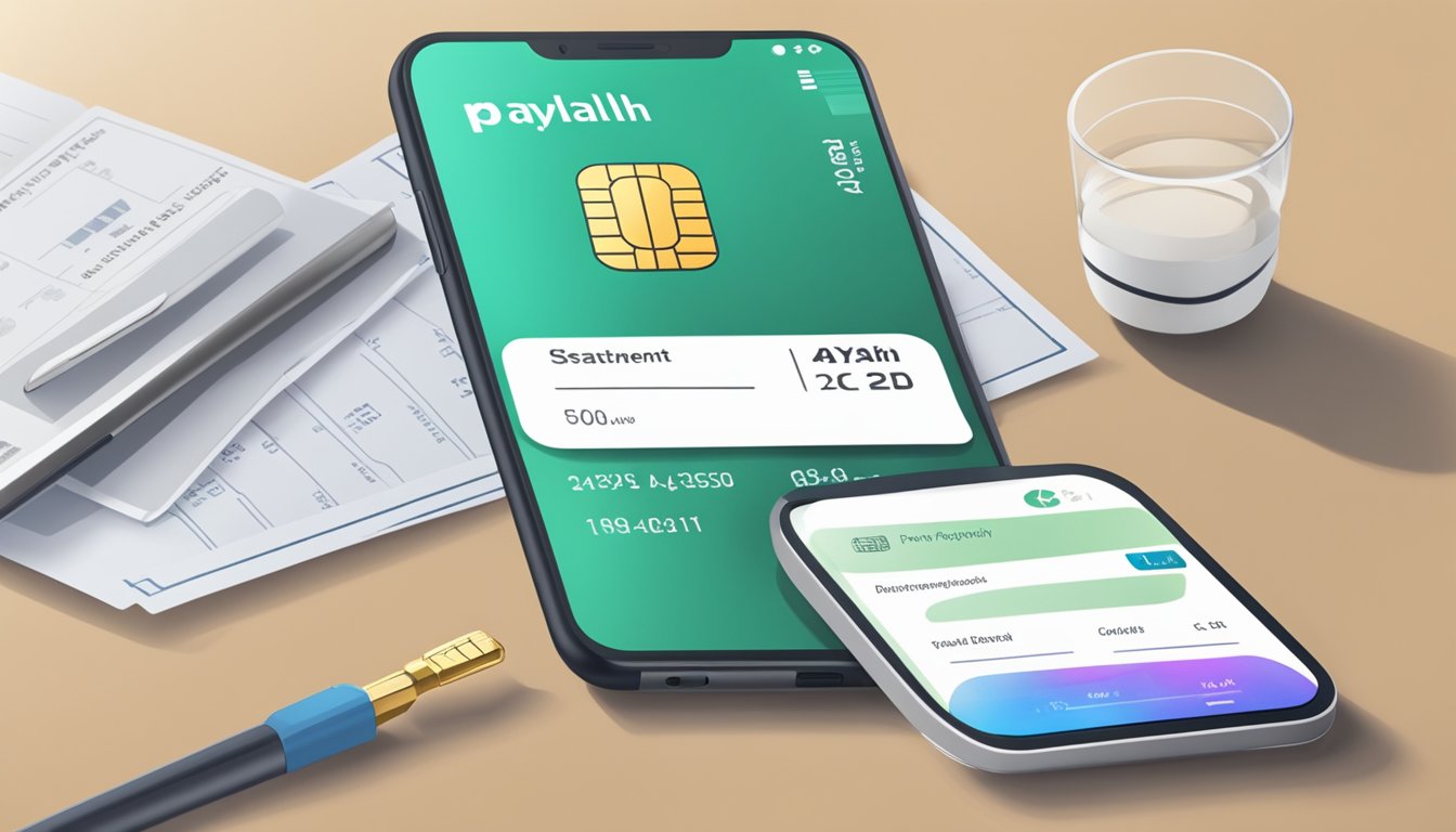 A smartphone with the PayLah app open, a bank card, and a bank statement on a table