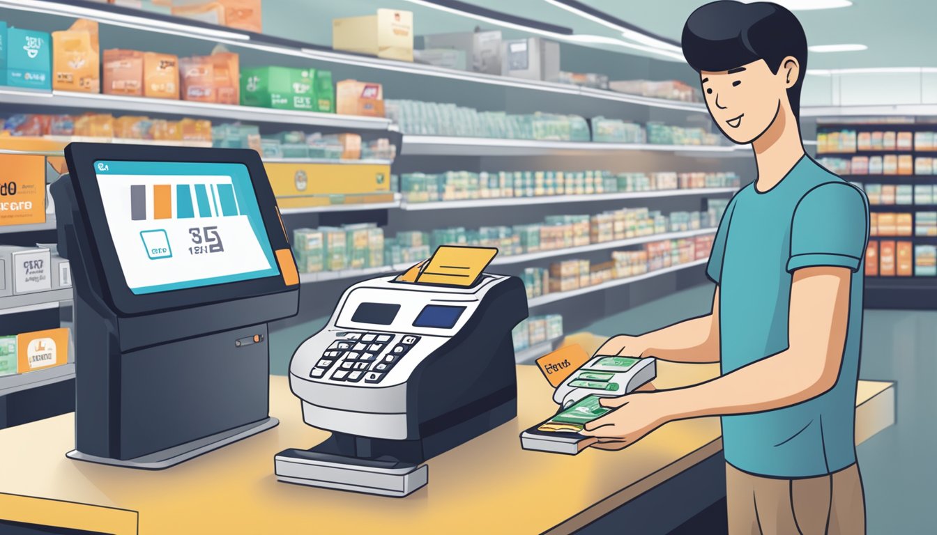 A customer swiping a POSB Everyday Card at a Singaporean store, with a cash register displaying a rebate being applied