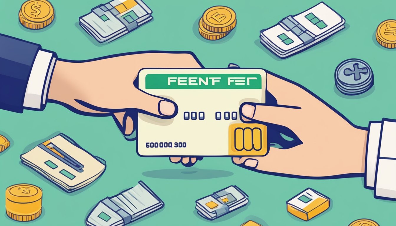 A hand holding a credit card with a crossed-out annual fee, surrounded by symbols of savings and benefits
