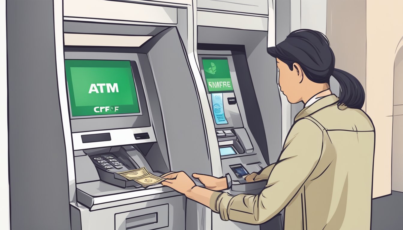 A person inserts their CPF card into an ATM, enters their PIN, selects "withdrawal," and receives cash from the machine