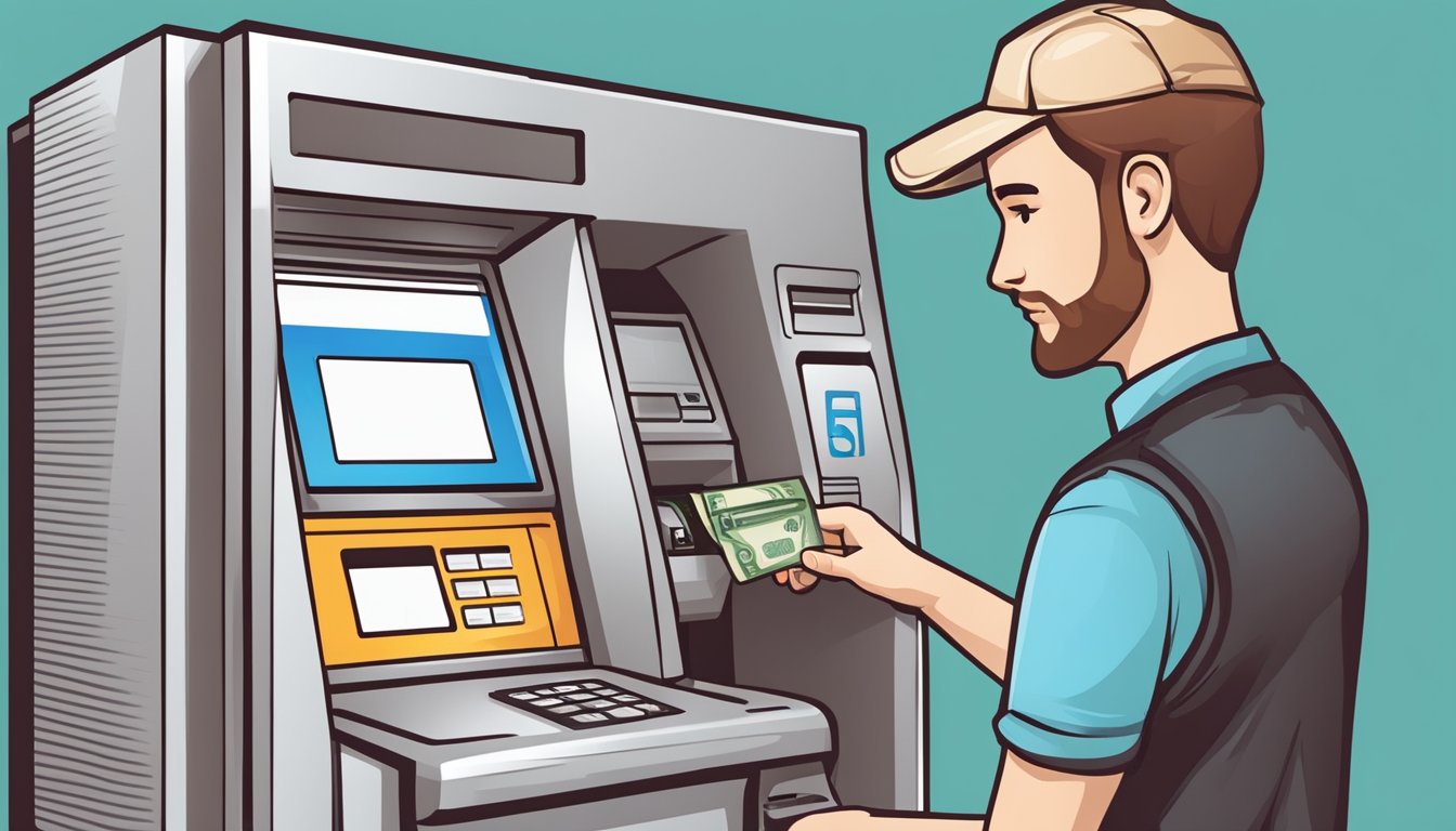 A person inserts their SRS account card into an ATM, enters their PIN, selects the withdrawal option, and receives cash from the machine