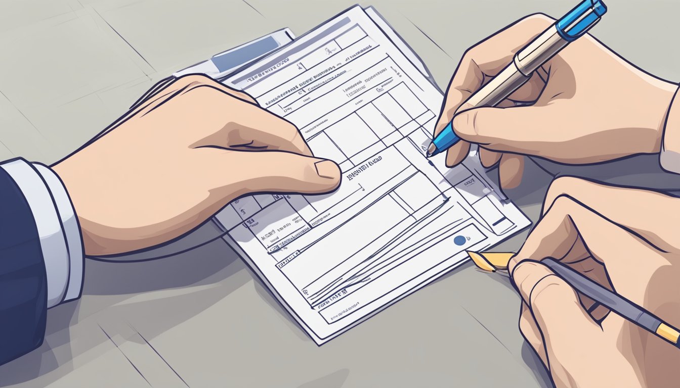 A hand reaching into an SRS account with a withdrawal slip and a pen ready to fill out the necessary information