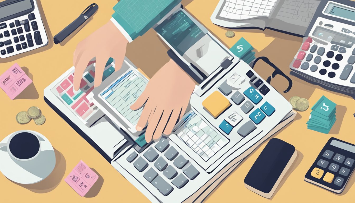 A hand reaching into a piggy bank labeled "SRS Account" with a dollar sign on it, while a tax form and calculator sit nearby