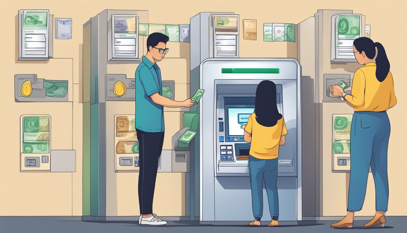 A person inserts their ATM card into the machine, enters their PIN, selects the "Withdrawal" option, and chooses the amount of money they wish to withdraw from their SSB account in Singapore
