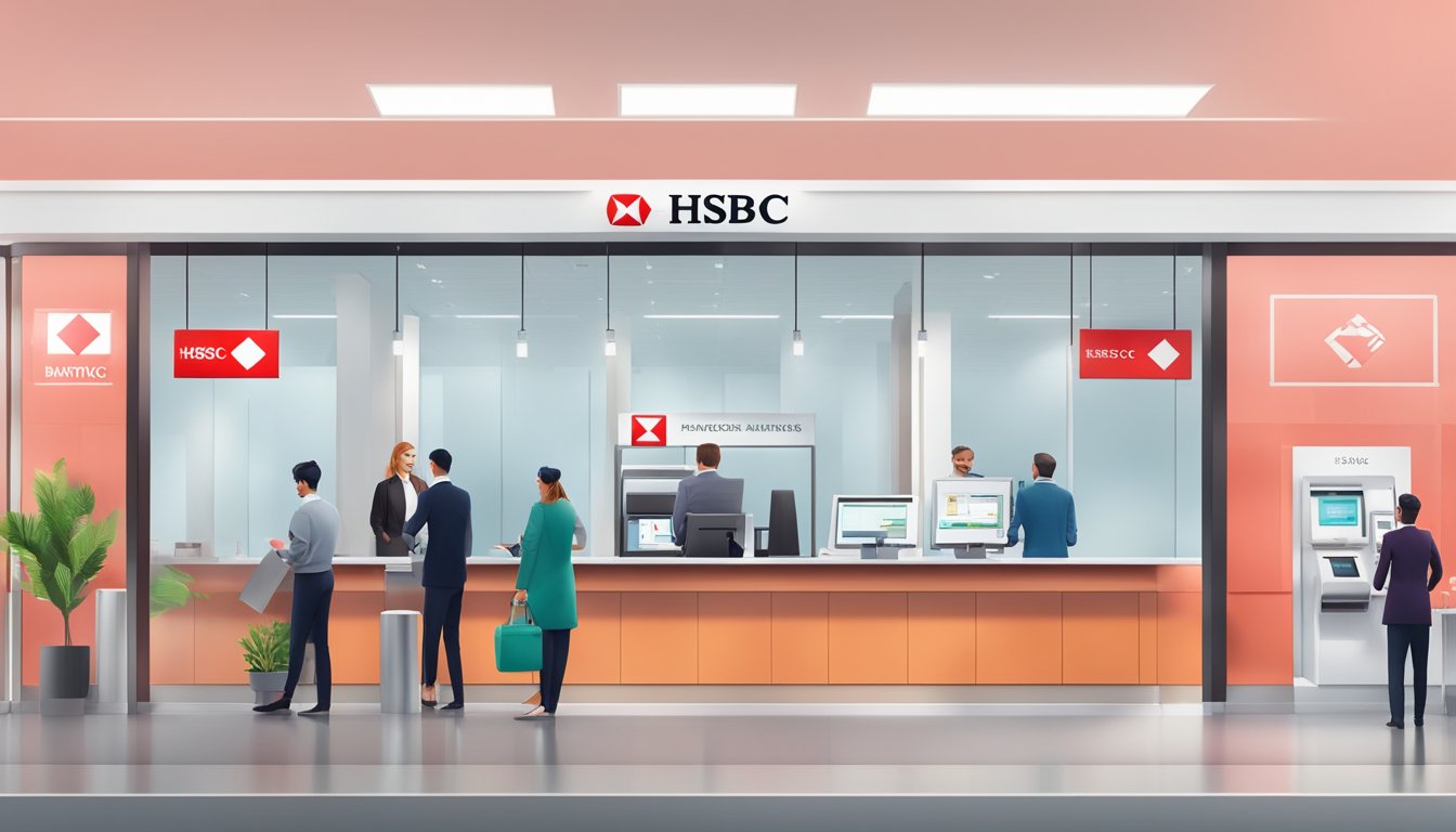 A modern, sleek bank branch with the HSBC logo prominently displayed, customers conducting transactions at teller windows, and digital banking services being utilized