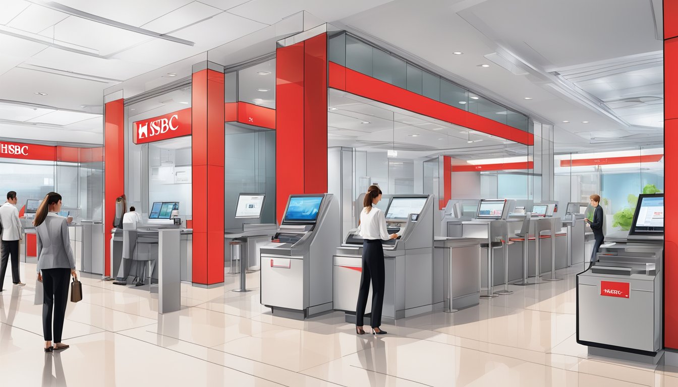 A modern bank branch with the HSBC logo prominently displayed, customers using self-service kiosks, and friendly staff assisting clients with their banking needs