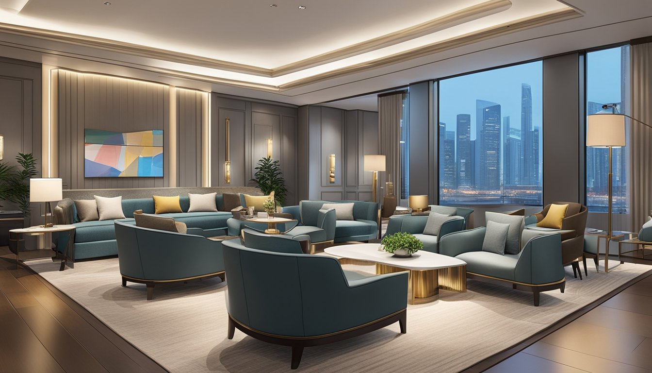 A luxurious lounge with a sleek, modern design. A sign prominently displays "Exclusive Benefits and Rewards for HSBC Advance Banking Singapore." Plush seating and elegant decor create a sophisticated atmosphere