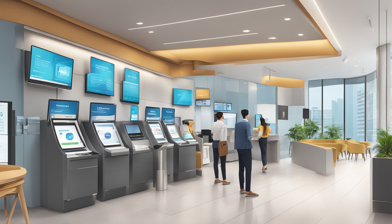 A modern, sleek bank branch with digital kiosks and screens displaying "Banking Made Easy with Digital Solutions" in Singapore