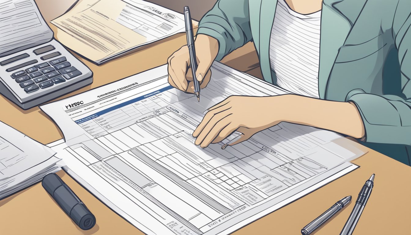A person filling out an application form for HSBC Advance banking in Singapore. The form is on a desk with a pen and relevant documents