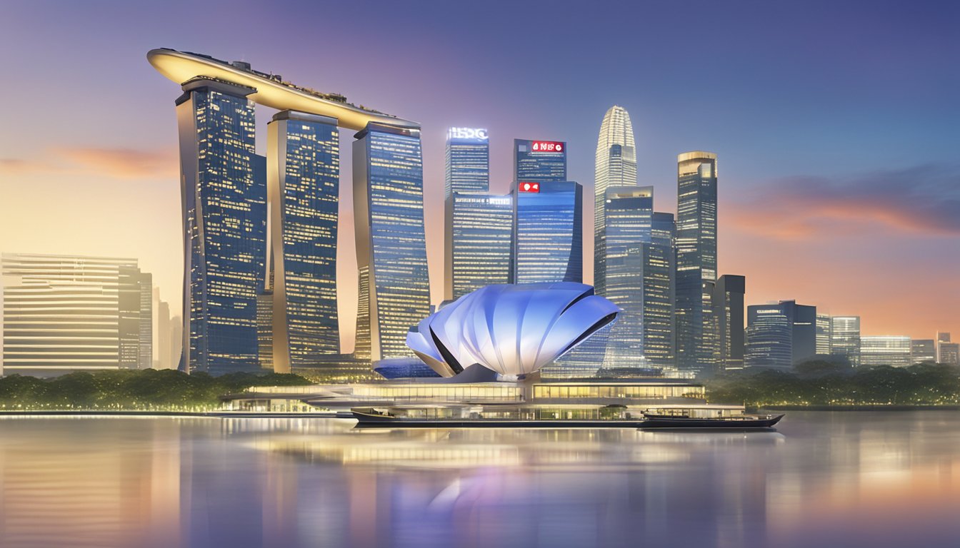 A gleaming HSBC Advance card sits atop a sleek Singapore skyline backdrop