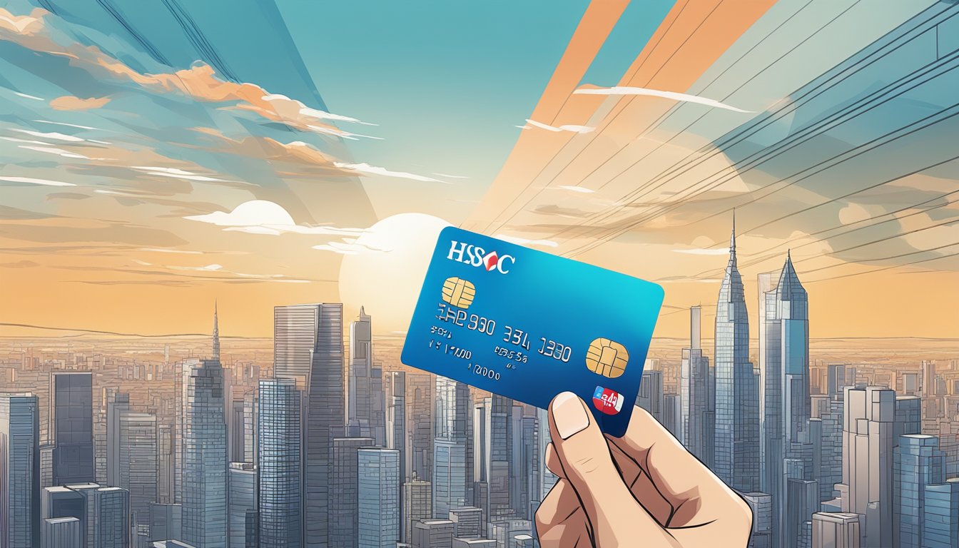 A hand holding an HSBC Advance Credit Card with the HSBC logo prominently displayed, against a backdrop of a modern city skyline