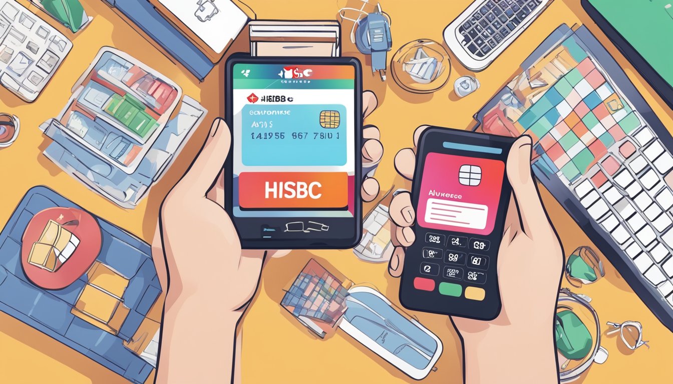 A hand holding an HSBC Advance card with rewards and cashback benefits displayed on a digital screen, surrounded by various lifestyle and shopping icons