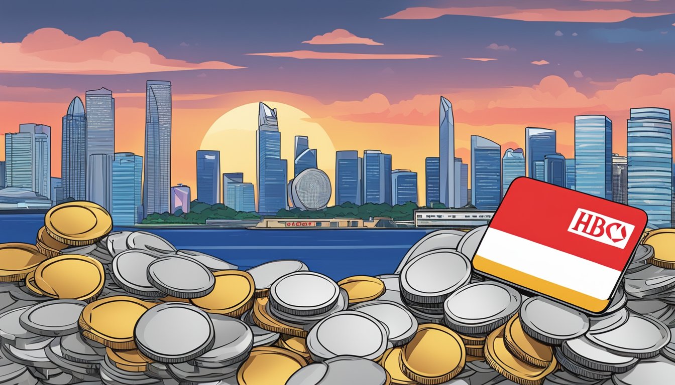 A pile of bills and coins next to an HSBC Advance card with the Singapore skyline in the background