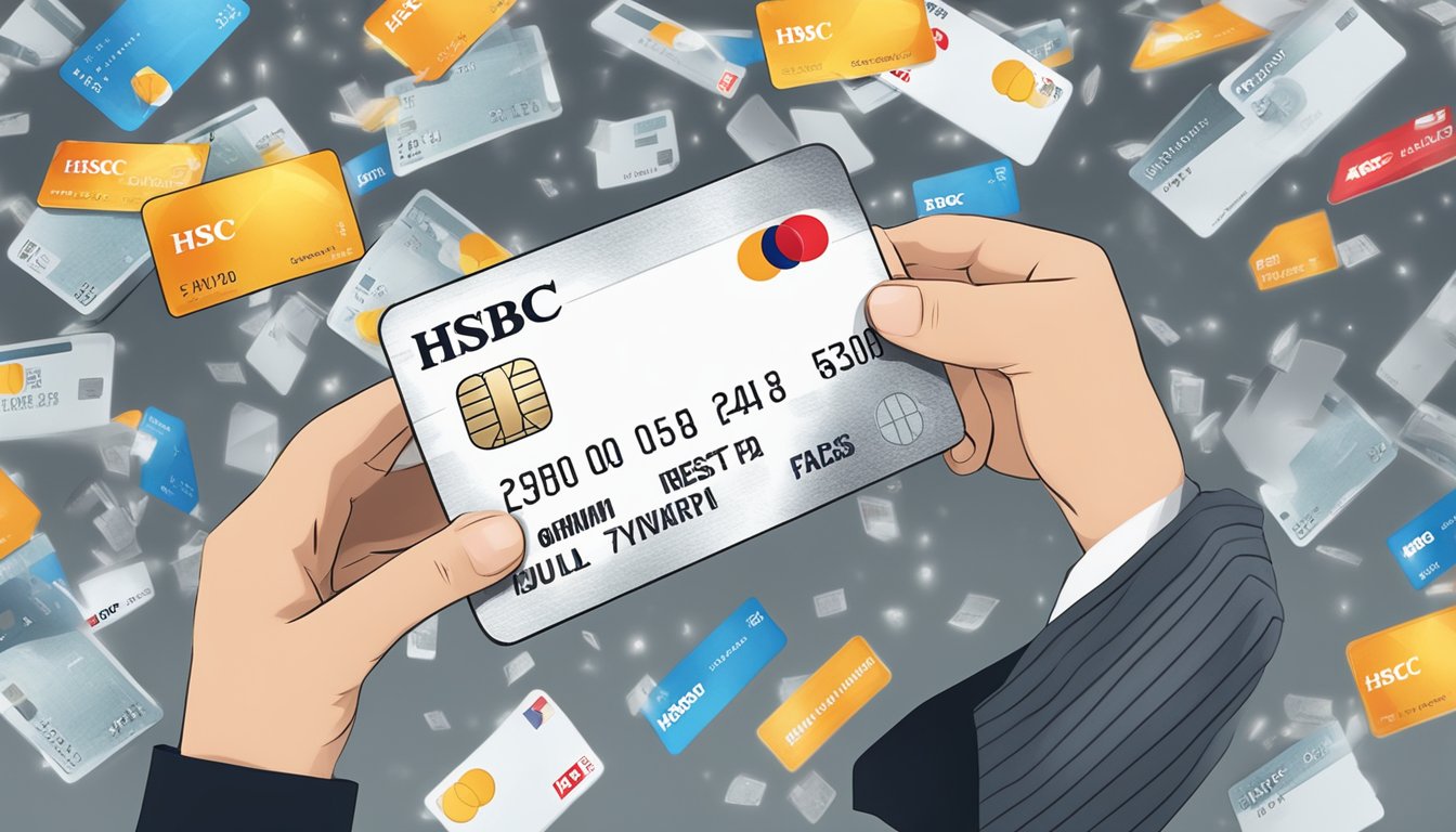 A person holding an HSBC Advance card while other credit cards lay scattered around, with a spotlight shining on the HSBC card